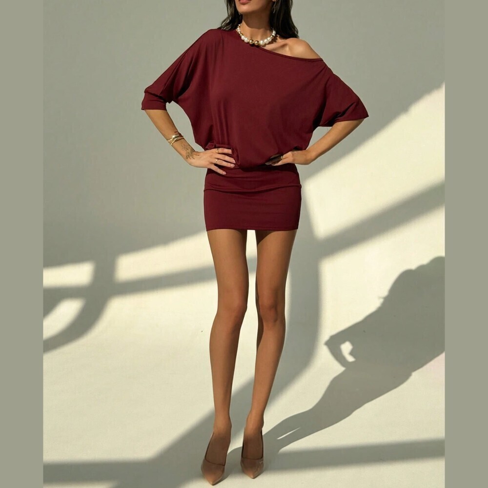 Burgundy Asymmetrical Off-Shoulder Batwing Mini Dress